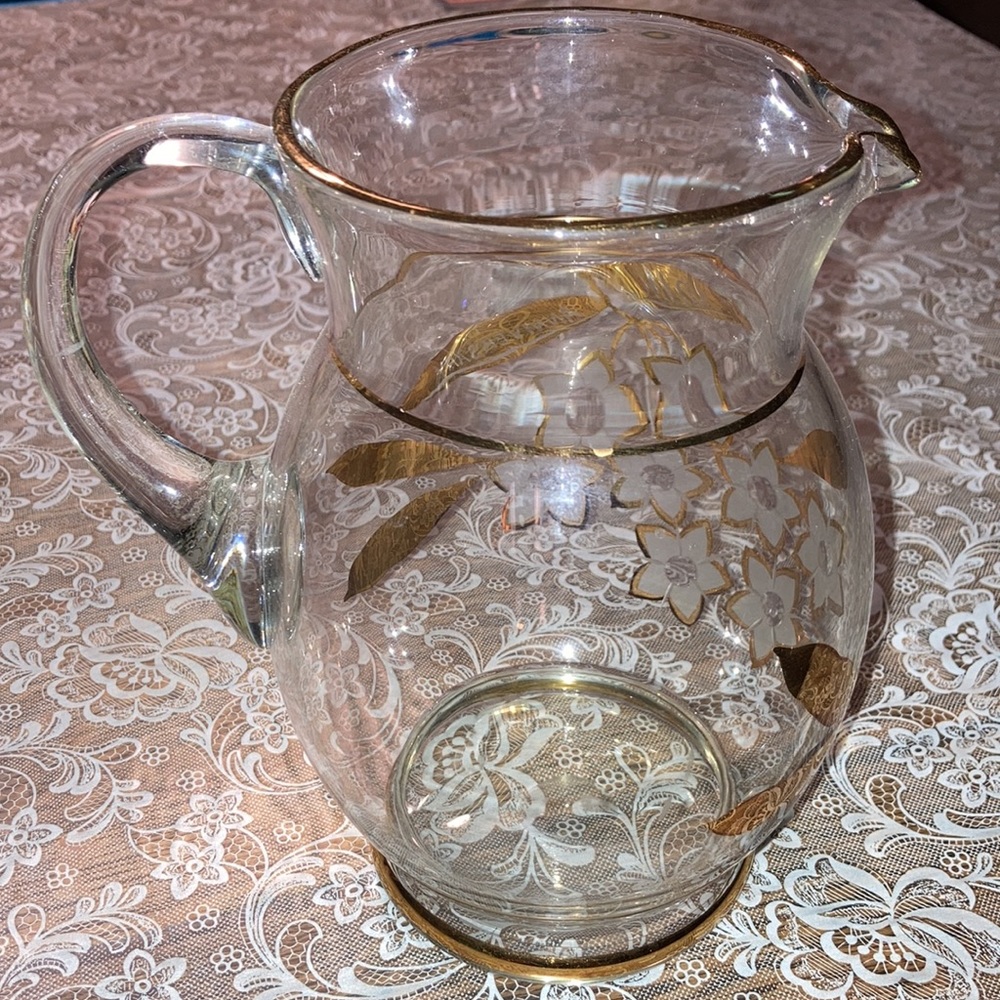 Golden Anniv (50) glass pitcher, 8” hi x 5”+2” handle, intact gold dec.    $15 - Picture 3 of 5